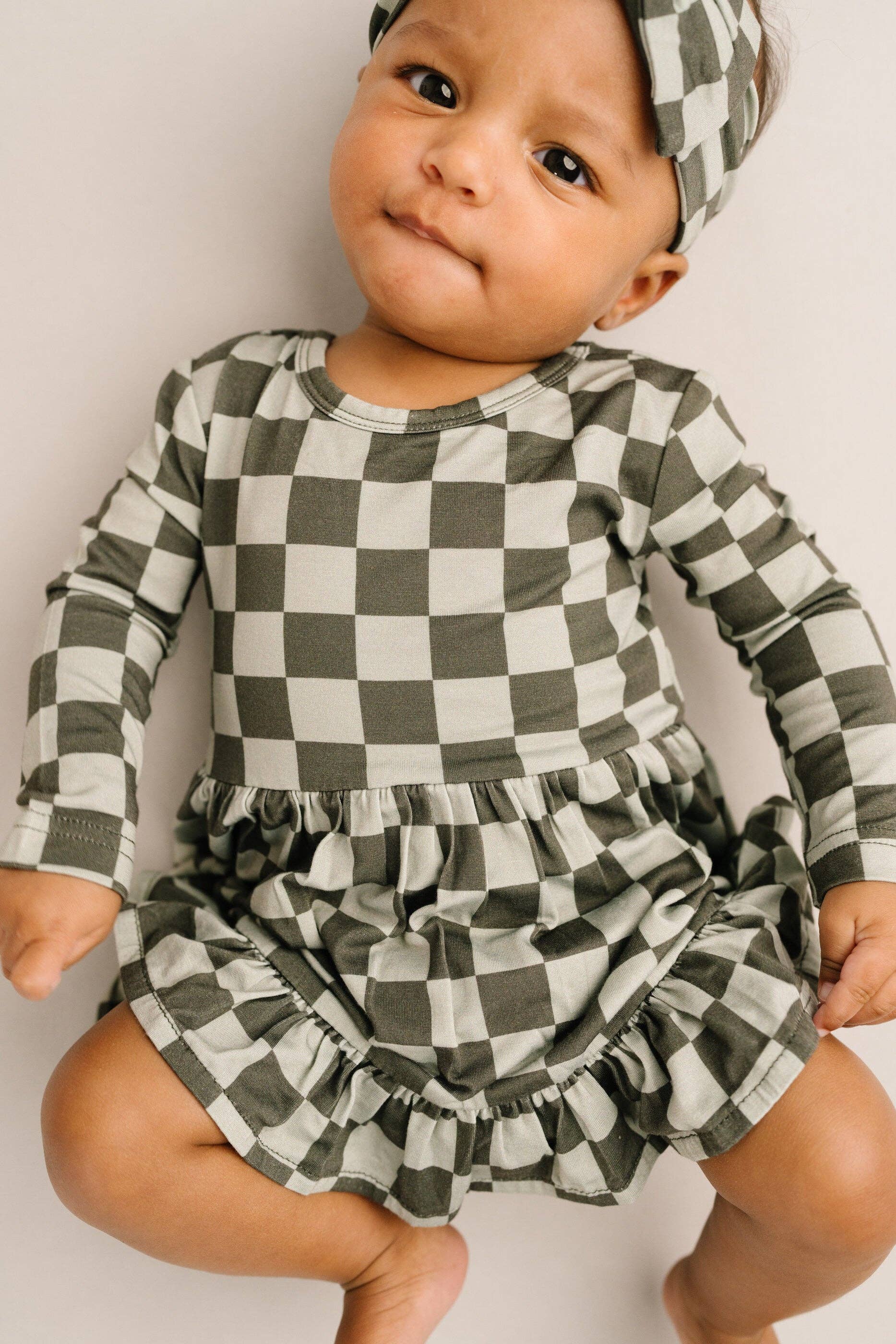 Pine Checkered Long Sleeve Bodysuit Bamboo Dress