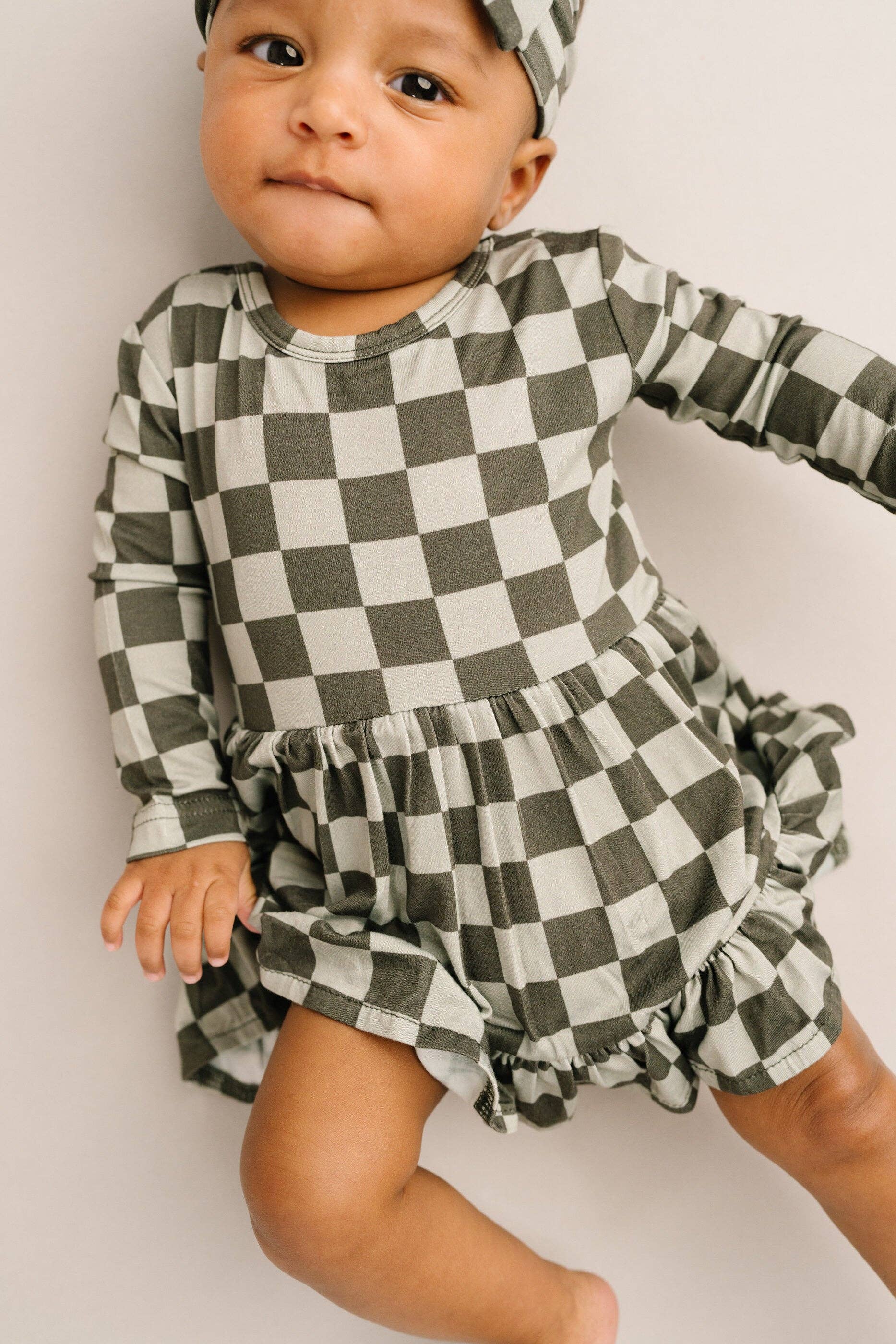 Pine Checkered Long Sleeve Bodysuit Bamboo Dress